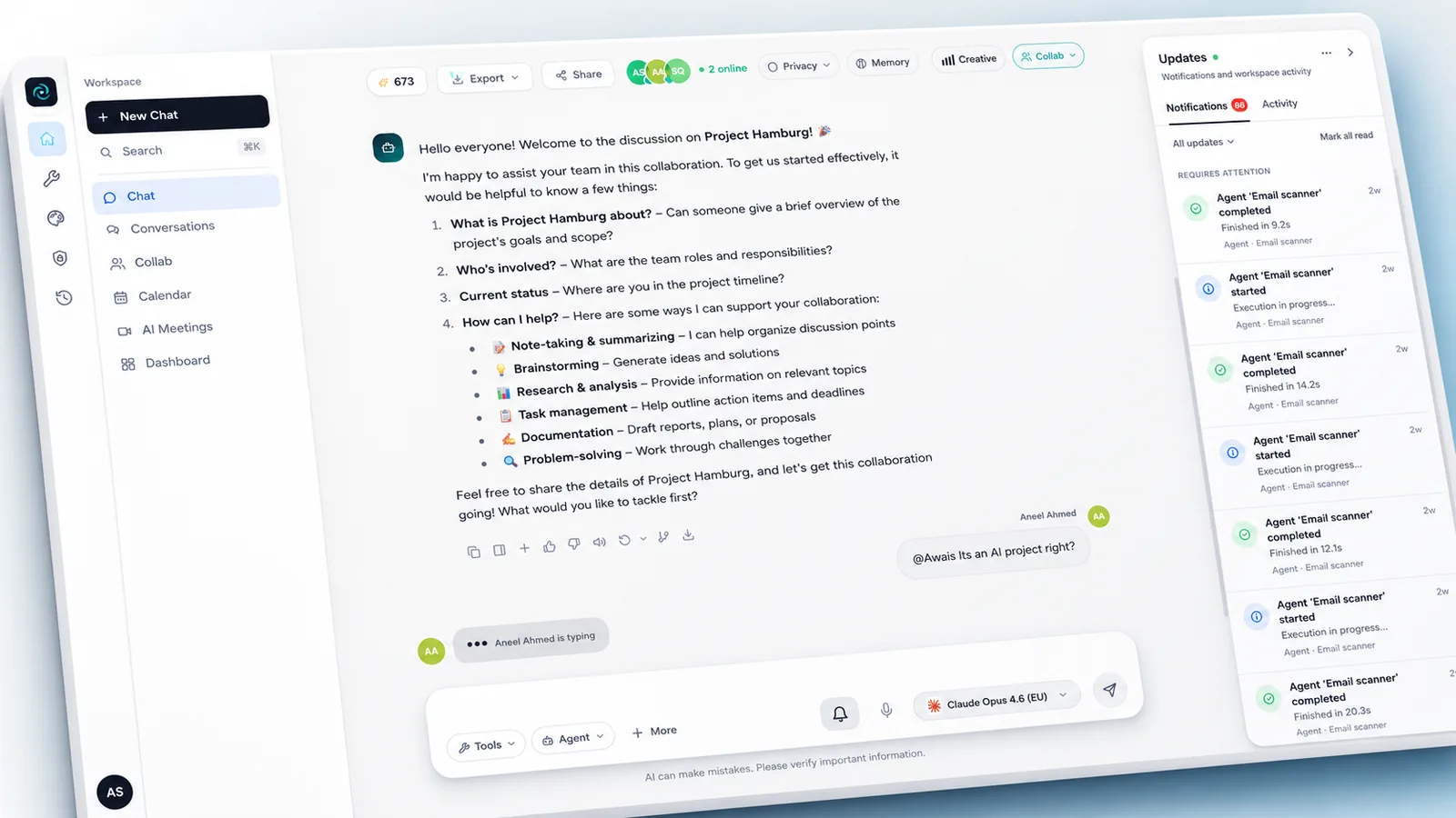 A shared FlowSentric chat with three participants online, typing indicators and the model set to Claude Opus 4.6 (EU)