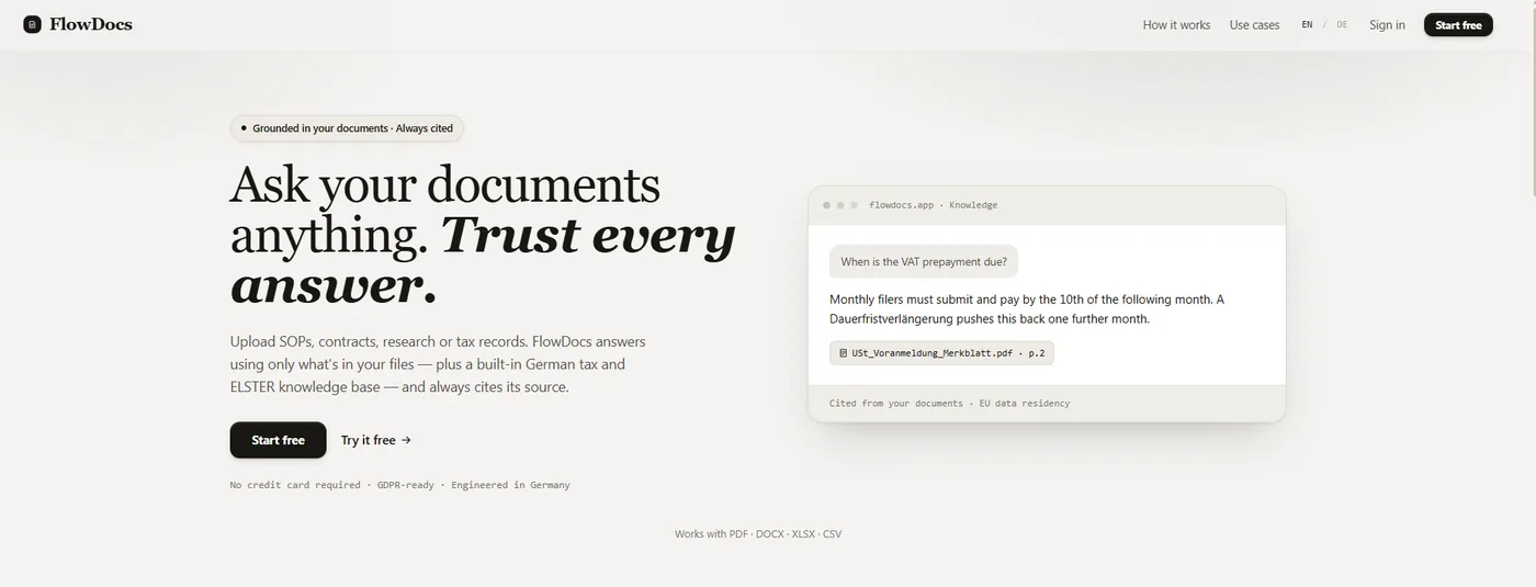 FlowDocs landing page: “Ask your documents anything. Trust every answer.” with a cited answer about VAT prepayments