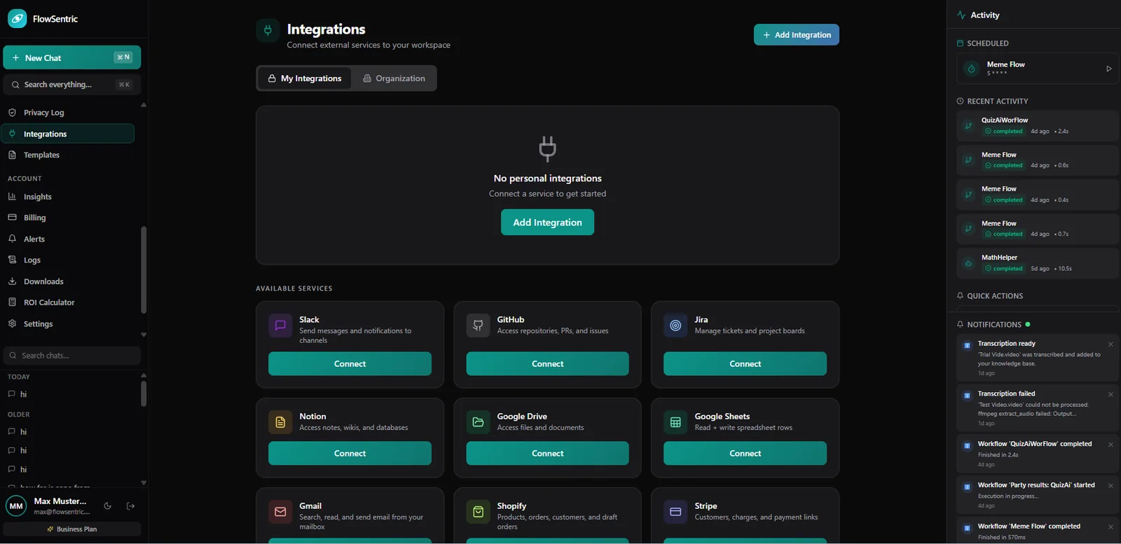 FlowSentric integrations with Slack, GitHub, Jira, Notion, Drive and more
