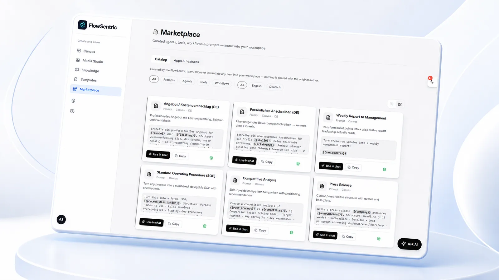 The Marketplace with prompt templates such as Angebot / Kostenvoranschlag, Weekly Report to Management and Standard Operating Procedure