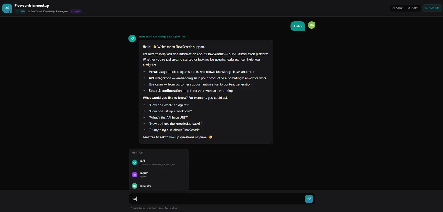Participants chat in an AI Session and @mention agents