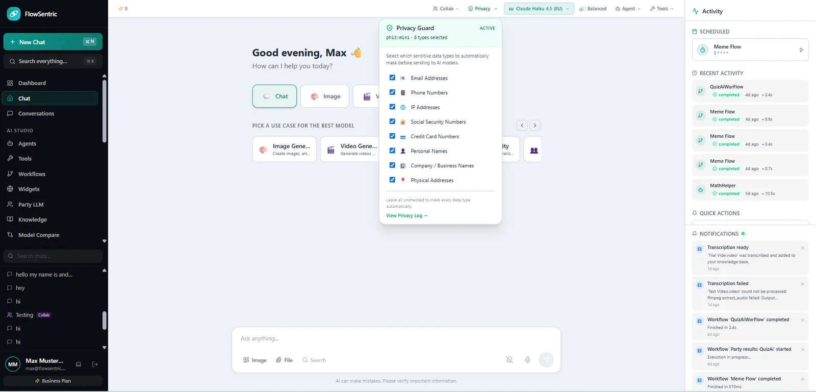 FlowSentric Privacy Guard masking PII before it reaches the model