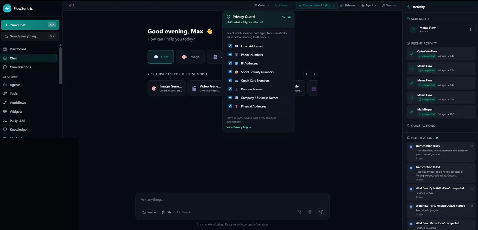 Privacy Guard and PII controls in dark mode