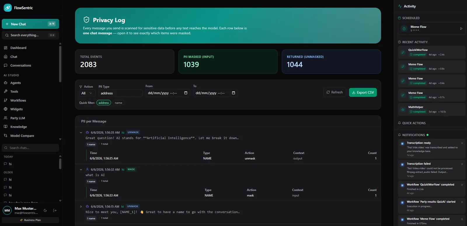 FlowSentric privacy and PII controls