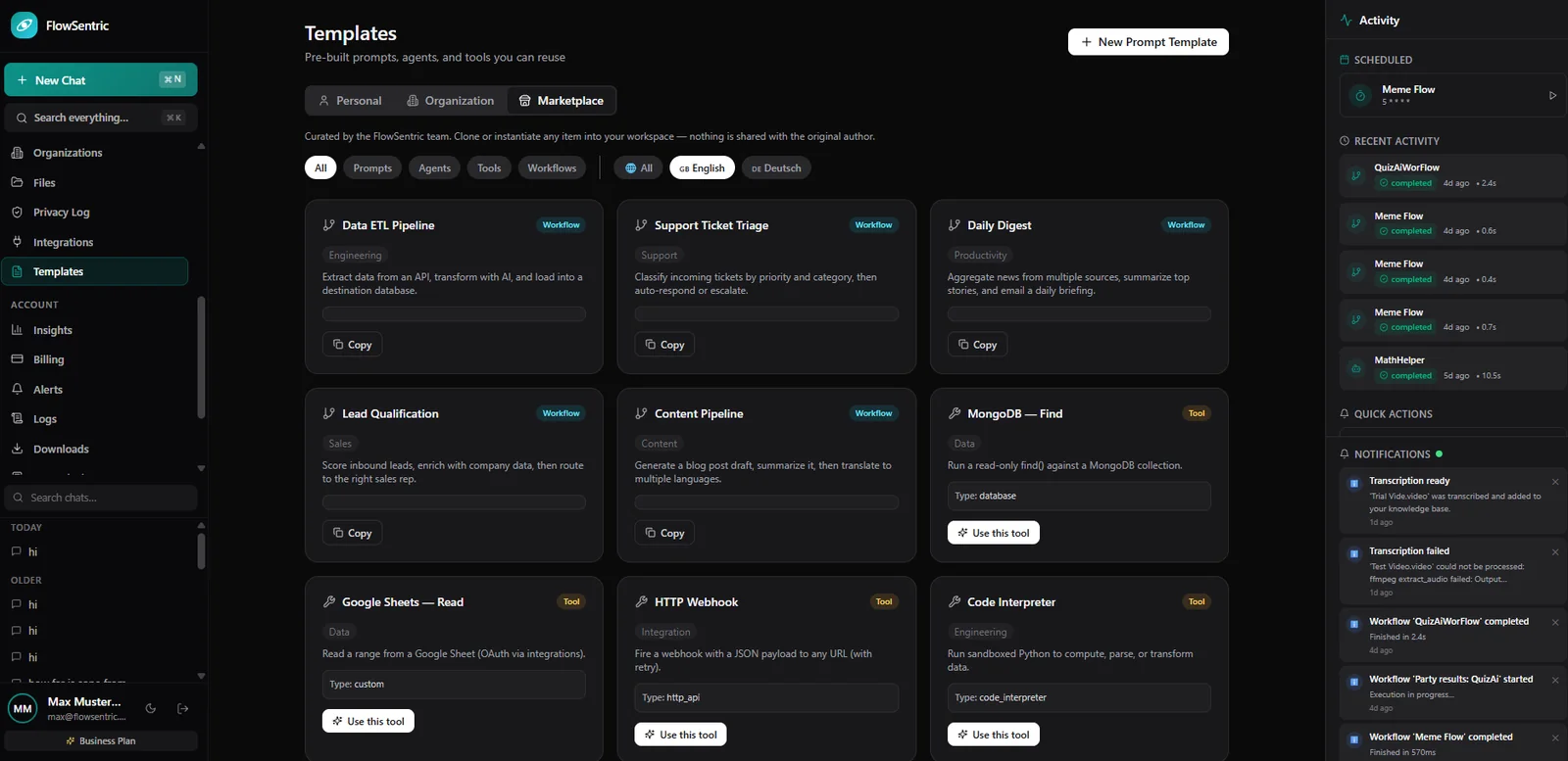 FlowSentric templates and prompt library