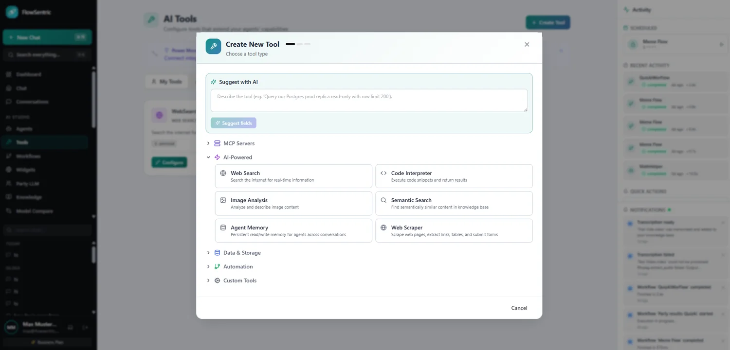 FlowSentric AI tool builder