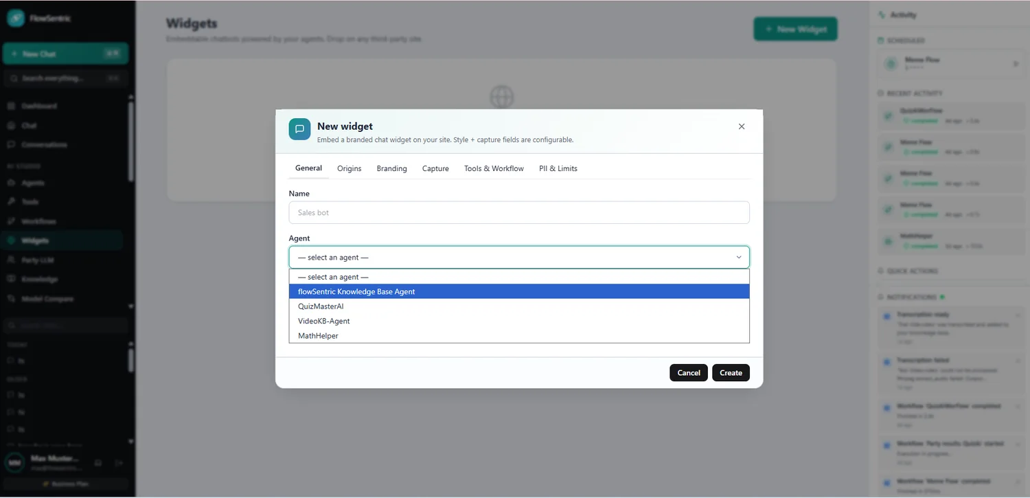 FlowSentric embeddable AI chat widgets