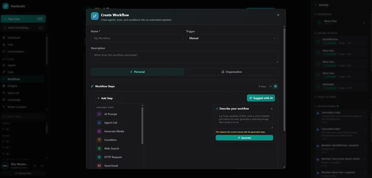 Visual workflow builder in dark mode